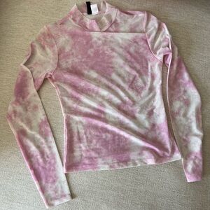 H&M long sleeve mesh mock turtleneck top pink and white tie dye print
